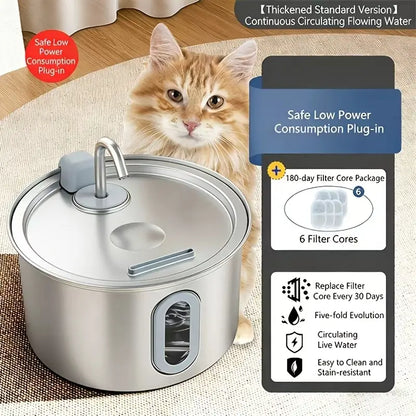 3.2L Stainless Steel Pet Water Fountain for Cats & Small Dogs, Ultra-Quiet Automatic Fountain with Pump, LED Level Window, Flowing Water to Encourages Drink