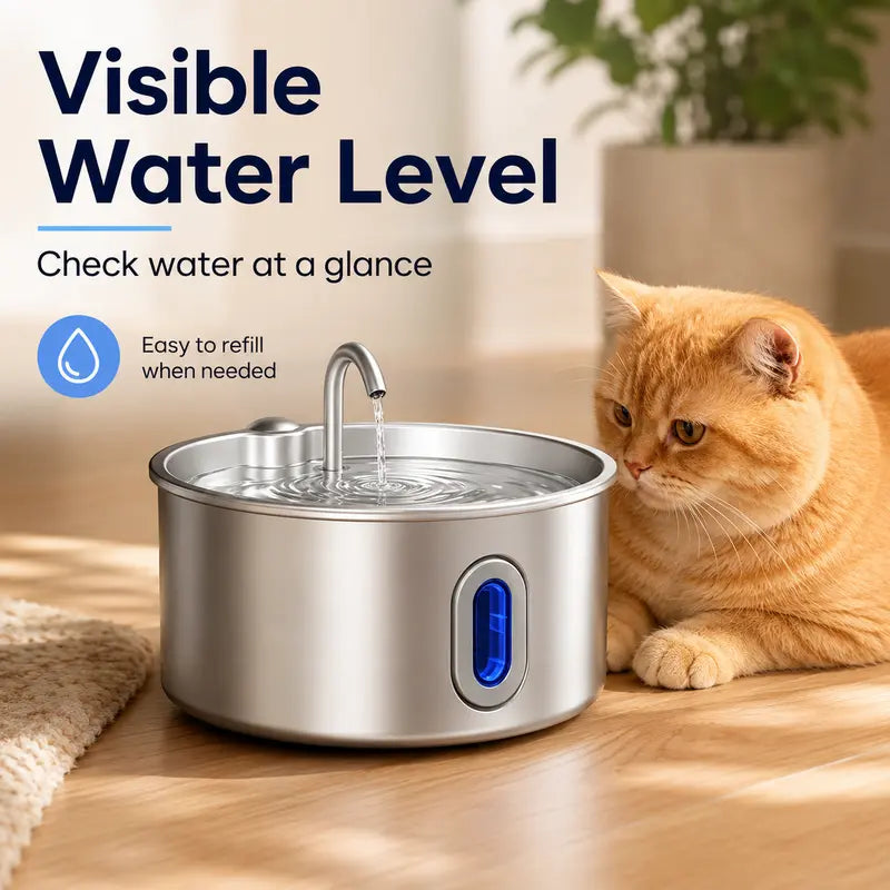3.2L Stainless Steel Pet Water Fountain for Cats & Small Dogs, Ultra-Quiet Automatic Fountain with Pump, LED Level Window, Flowing Water to Encourages Drink