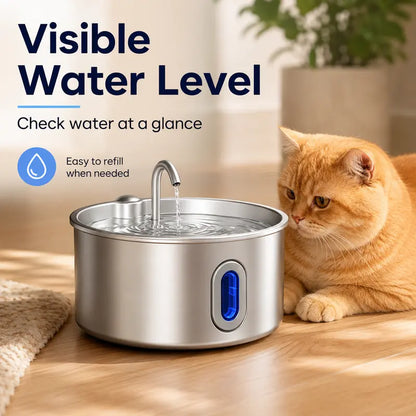 3.2L Stainless Steel Pet Water Fountain for Cats & Small Dogs, Ultra-Quiet Automatic Fountain with Pump, LED Level Window, Flowing Water to Encourages Drink