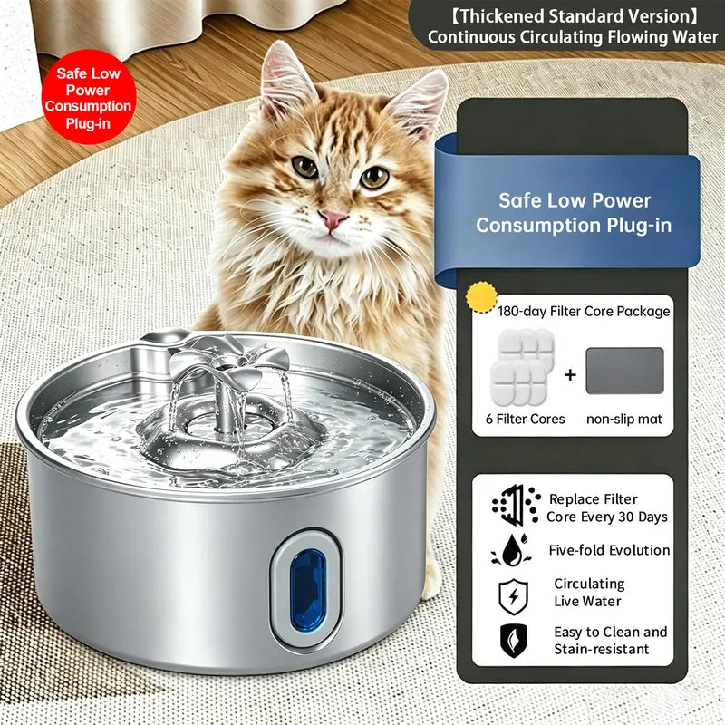 3.2L Stainless Steel Pet Water Fountain for Cats & Small Dogs, Ultra-Quiet Automatic Fountain with Pump, LED Level Window, Flowing Water to Encourages Drink