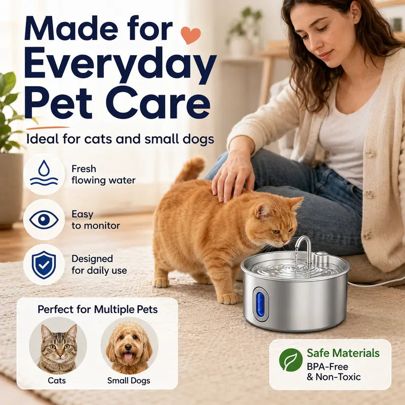 3.2L Stainless Steel Pet Water Fountain for Cats & Small Dogs, Ultra-Quiet Automatic Fountain with Pump, LED Level Window, Flowing Water to Encourages Drink
