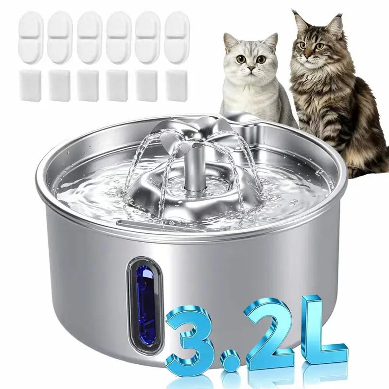 3.2L Stainless Steel Pet Water Fountain for Cats & Small Dogs, Ultra-Quiet Automatic Fountain with Pump, LED Level Window, Flowing Water to Encourages Drink