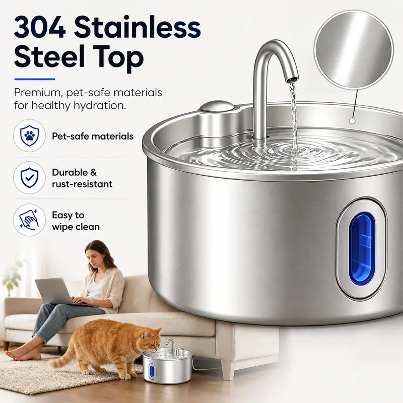 3.2L Stainless Steel Pet Water Fountain for Cats & Small Dogs, Ultra-Quiet Automatic Fountain with Pump, LED Level Window, Flowing Water to Encourages Drink