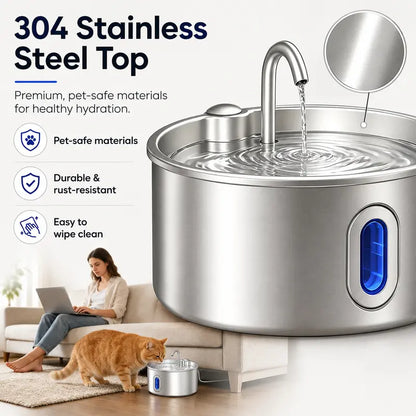 3.2L Stainless Steel Pet Water Fountain for Cats & Small Dogs, Ultra-Quiet Automatic Fountain with Pump, LED Level Window, Flowing Water to Encourages Drink