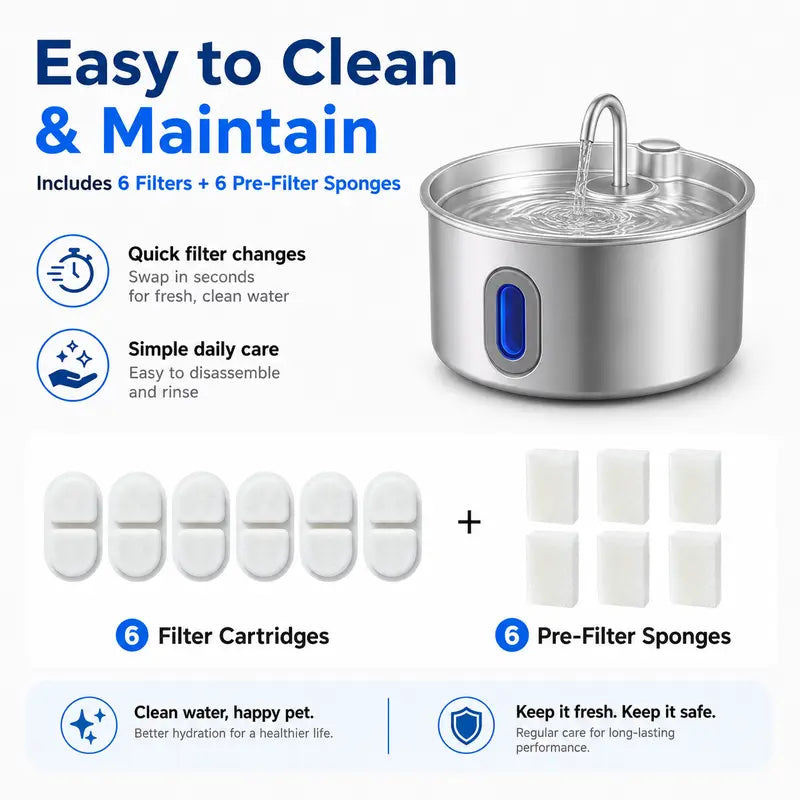 3.2L Stainless Steel Pet Water Fountain for Cats & Small Dogs, Ultra-Quiet Automatic Fountain with Pump, LED Level Window, Flowing Water to Encourages Drink