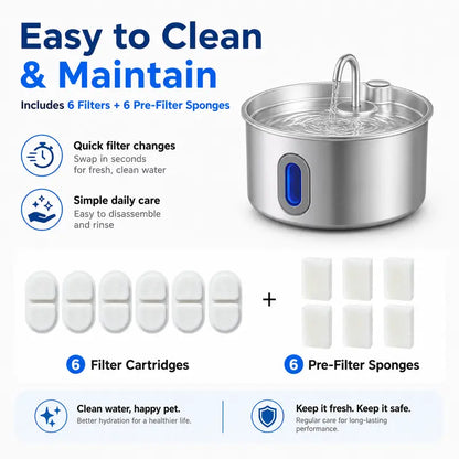 3.2L Stainless Steel Pet Water Fountain for Cats & Small Dogs, Ultra-Quiet Automatic Fountain with Pump, LED Level Window, Flowing Water to Encourages Drink