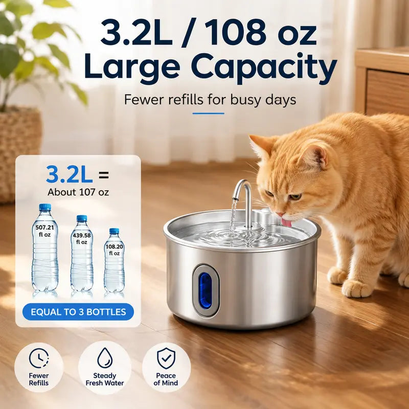 3.2L Stainless Steel Pet Water Fountain for Cats & Small Dogs, Ultra-Quiet Automatic Fountain with Pump, LED Level Window, Flowing Water to Encourages Drink