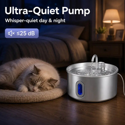 3.2L Stainless Steel Pet Water Fountain for Cats & Small Dogs, Ultra-Quiet Automatic Fountain with Pump, LED Level Window, Flowing Water to Encourages Drink