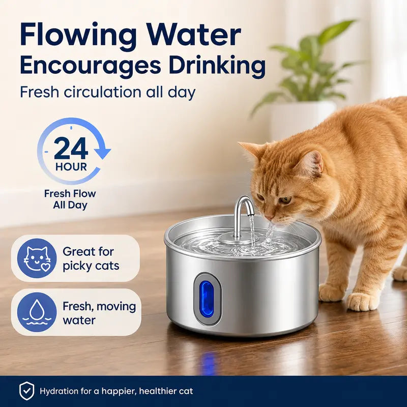 3.2L Stainless Steel Pet Water Fountain for Cats & Small Dogs, Ultra-Quiet Automatic Fountain with Pump, LED Level Window, Flowing Water to Encourages Drink