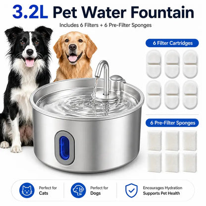 3.2L Stainless Steel Pet Water Fountain for Cats & Small Dogs, Ultra-Quiet Automatic Fountain with Pump, LED Level Window, Flowing Water to Encourages Drink