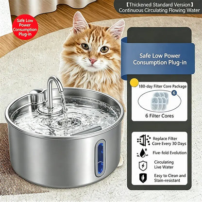 3.2L Stainless Steel Pet Water Fountain for Cats & Small Dogs, Ultra-Quiet Automatic Fountain with Pump, LED Level Window, Flowing Water to Encourages Drink